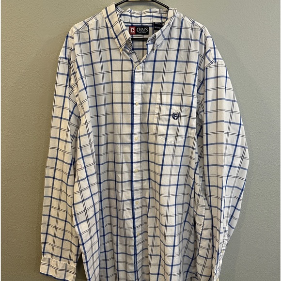 Chaps 3XLT Long Sleeve Button Down Shirt in White and Blue Plaid (Used) - Picture 2 of 3